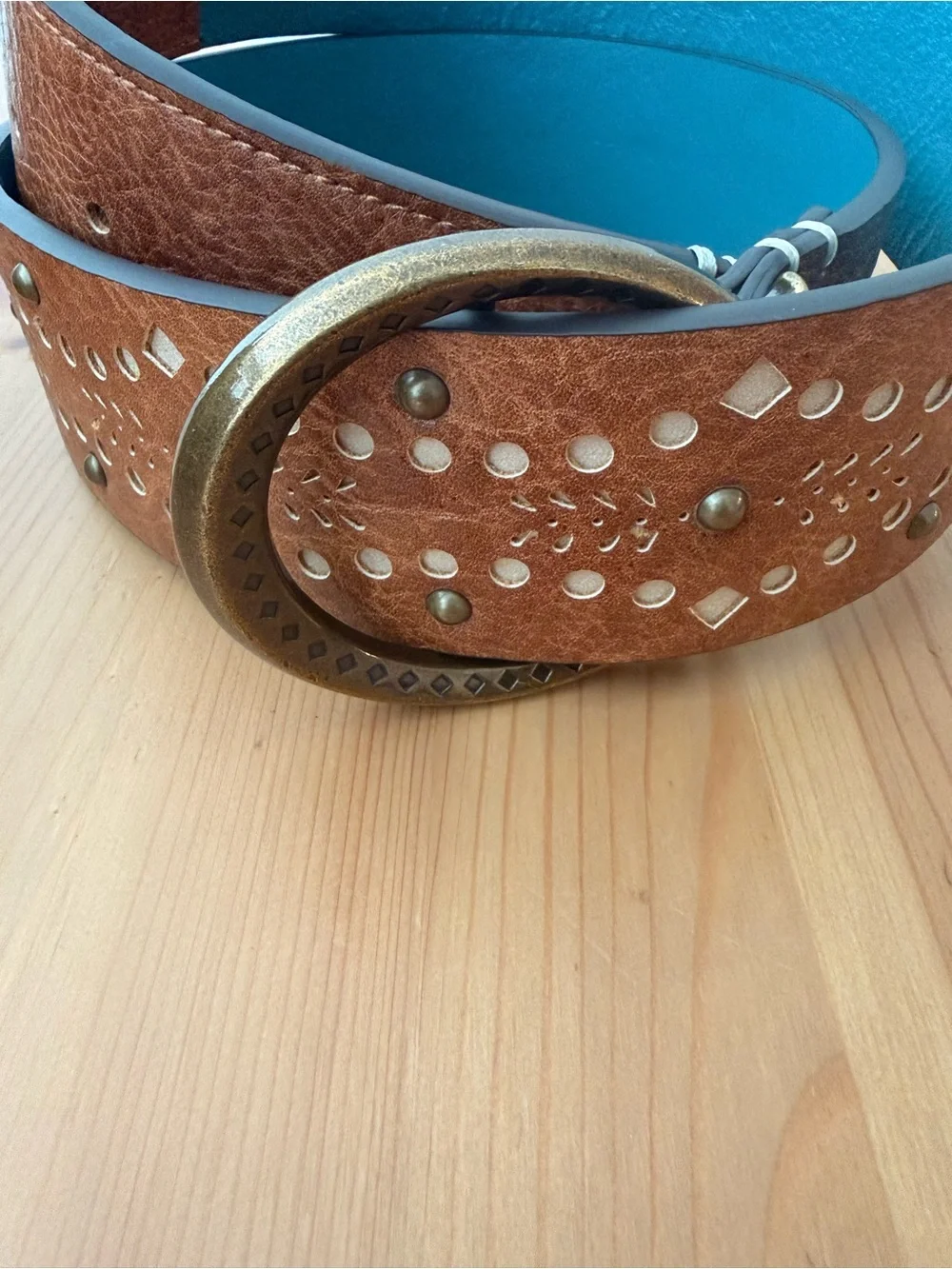 Catchfly Studio Women's L Brown Studded Cutout Leather-Style Belt